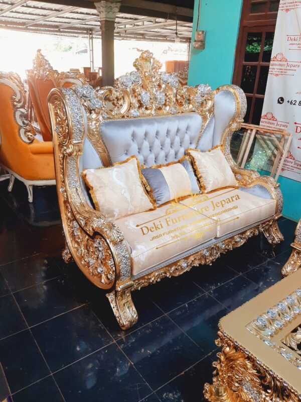 Kursi Sofa Mewah Terbaru Ruang Tamu Asli Jepara Kayu Jati Klasik Gold Elegan Modern 321+ Jumbo