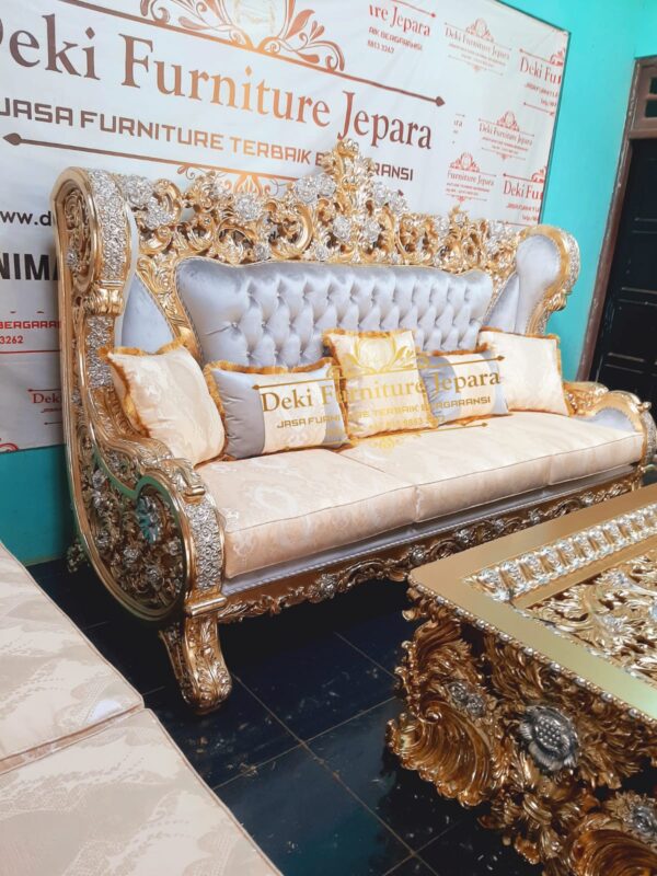 Kursi Sofa Mewah Terbaru Ruang Tamu Asli Jepara Kayu Jati Klasik Gold Elegan Modern 321+ Jumbo